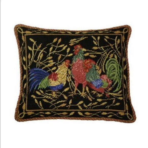 VNT Roosters Wool  Hand Needlepoint Pillow Cover(Black) 16x20 - Picture 1 of 5